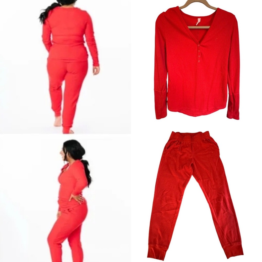 ZYIA Active Red‎ Waffle Knit Henley Long Sleeve Top Joggers Set Medium